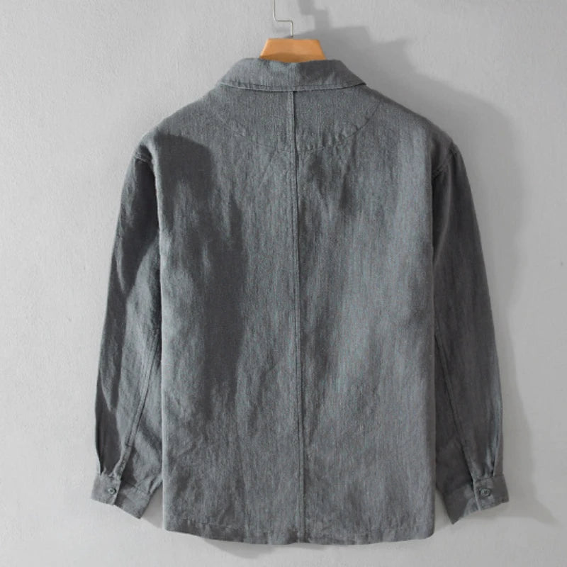 70% ramie 30% cotton high-quality men's long-sleeved shirt  daily casual wear, retro Harajuku style, solid color outdoor jacket