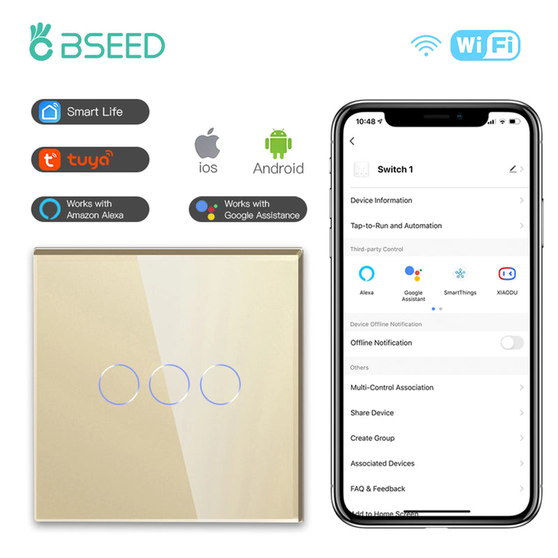 BSEED EU Standard Smart WiFi Light Switch 1/2/3 Gang 1/2/3 Way Touch Wall Switch & Socket Outlet Works with Google Home Alexa