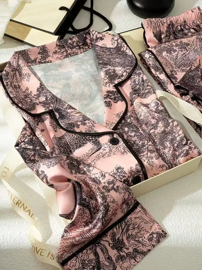 Ice Silk Sleepwear Women's Two-piece Set Night Wear For Ladies Pajamas Spring Autumn Long Sleeve Pyjama Set Woman Home Wear