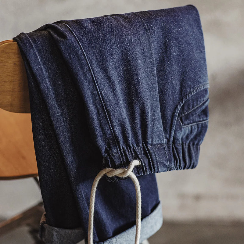 ខោខូវប៊យ Maden Casual 10oz Jogger Denim ជាមួយនឹងខ្សែចងចង្កេះយឺតសម្រាប់ខោបុរសនិទាឃរដូវ និងរដូវស្លឹកឈើជ្រុះ