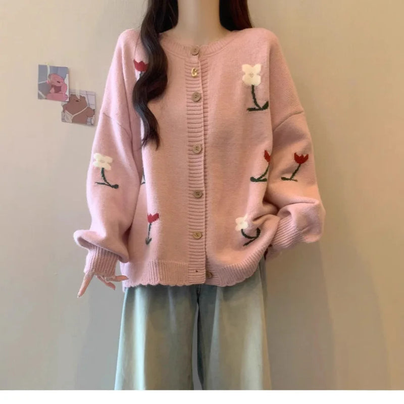 Korean Printed Woolen Knitwear Woman Clothing Loose Buttons Cardigan Sweater Long Sleeve Knit Jacket Female Spring Autumn Coat