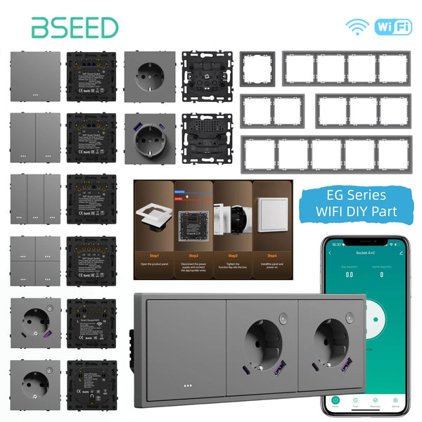 BSEED 1/2/3/4Gang WIFI Button Switch Part Plastic Frame Smart Dimmer Curtain Switch Function DIY Part Smart Socket Combination