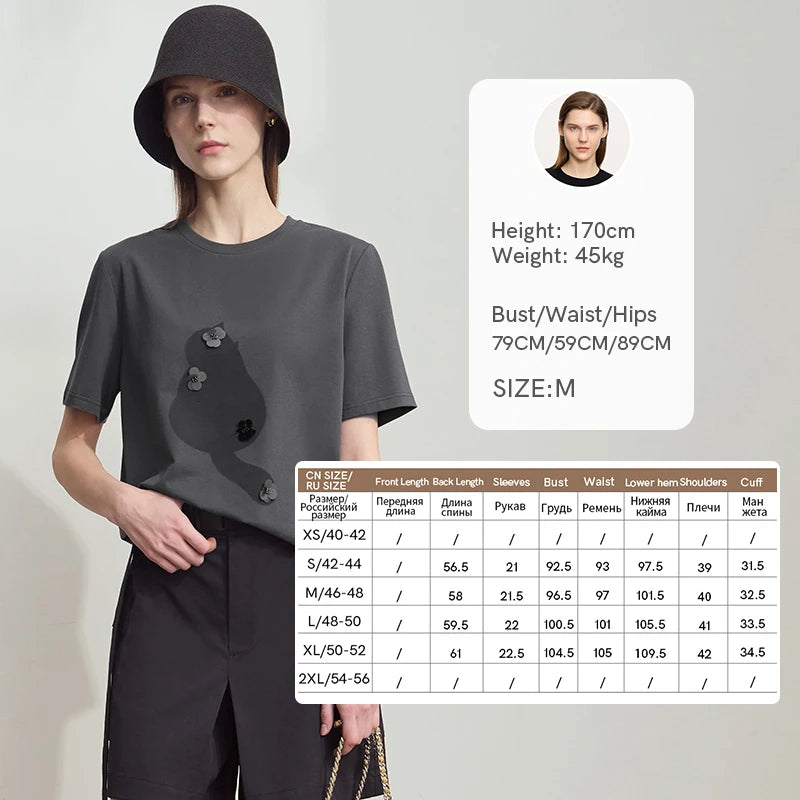 Amii Women's T-Shirt Minimalist 2026 Summer Casual Collegiate Style Slightly Elastic Short Sleeve Printed Lyocell Top 12512003