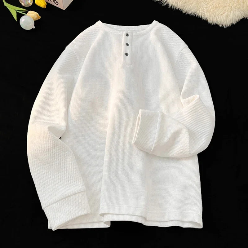 Autumn Basic Long Sleeve Pullover Men Round Neck Waffle Knit Button Notch Easy Matching Daily Street Fashion Apparel