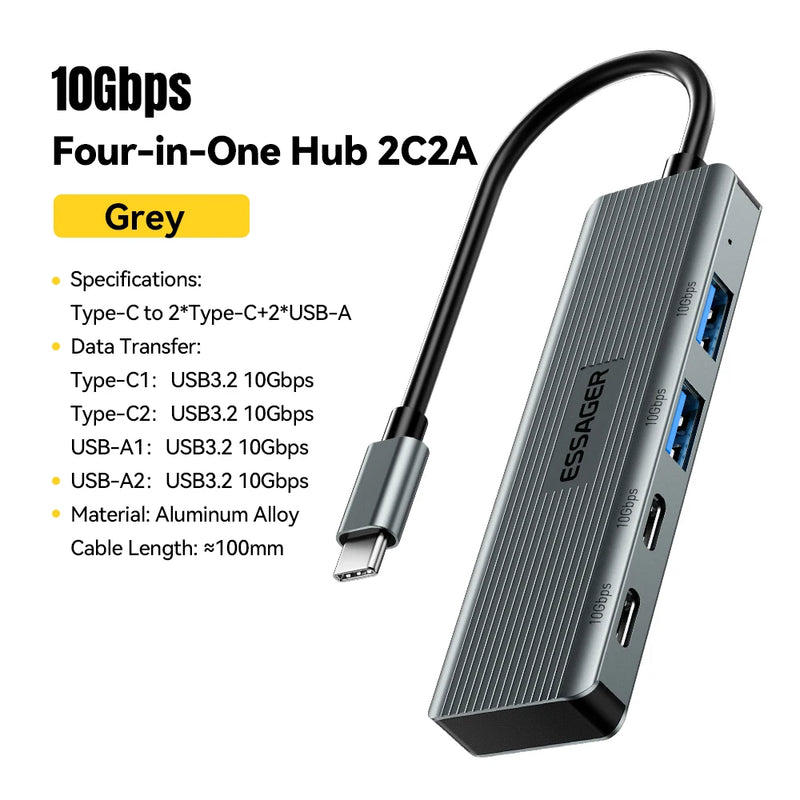 Essager USB Hub Adapter 4 in 1 USB Type C to USB3.2 Gen2 Hub Splitter Adapter for MacBook Pro Air Samsung Docking Station HUB