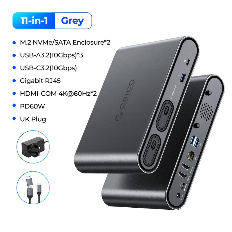 ORICO USB C Triple Display Docking Station with 65W Power Adapter Dual M.2 SSD Case 4K60Hz HDMI-com PD60W Ethernet USB3.2 10Gbps