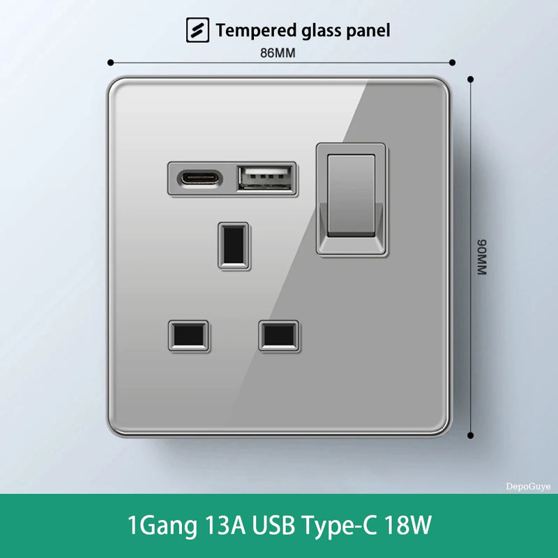 Deluxe Grey Tempered Glass Panel UK 13A Plug Electrical Socket, Double 5 Pin Socket and Switch, EU Universal USB C Wall Socket