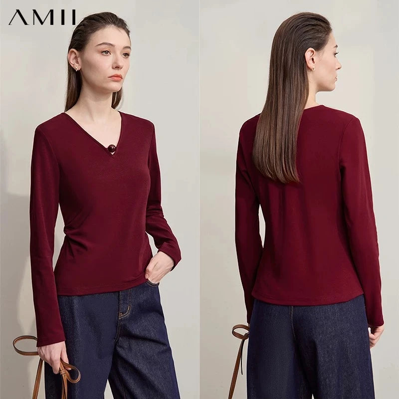AMII Women's T-shirt 2026 Autumn New Modern V-neck Middle-aged Women's Clothing Cotton Knitted Long Sleeves Ladies Tops 12523145