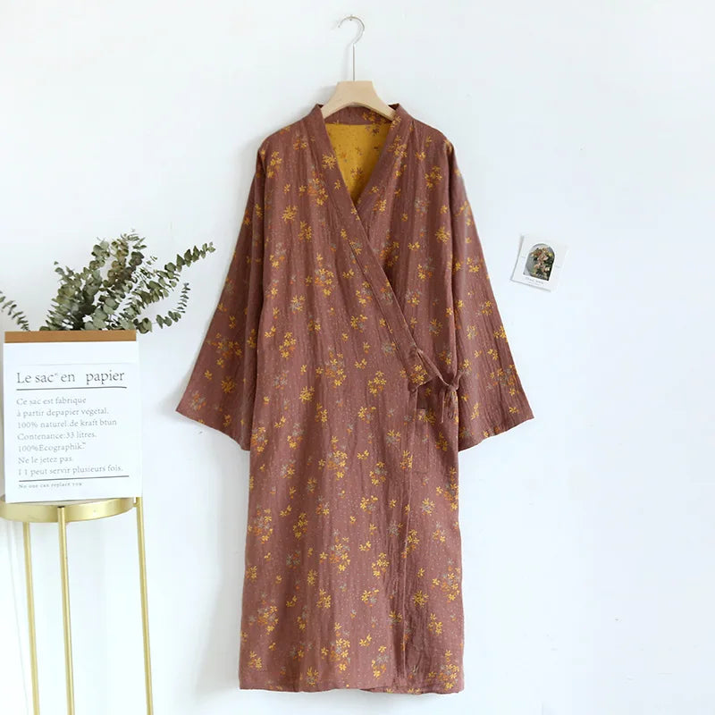 Spring Summer 100% Cotton Sleepwear Jacquard Japanese Kimono Sleeping Robe Loose Comfortable Home Bathrobe Women Dressing Gowns