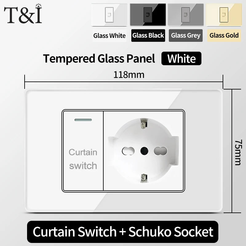 T&I Wall Switch Sockets With USB TypeC  Fast Charging, Italy Socket , Chile Schuko Outlet, Tempered Glass Panel for Home