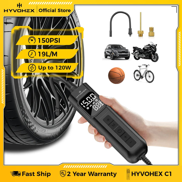 ម៉ាស៊ីនបង្ហាប់ខ្យល់ចល័ត HYVOHEX C1 មានខ្សែ 100% វដ្តការងារ បូមខ្យល់លឿនសម្រាប់កង់ឡាន ម៉ូតូ
