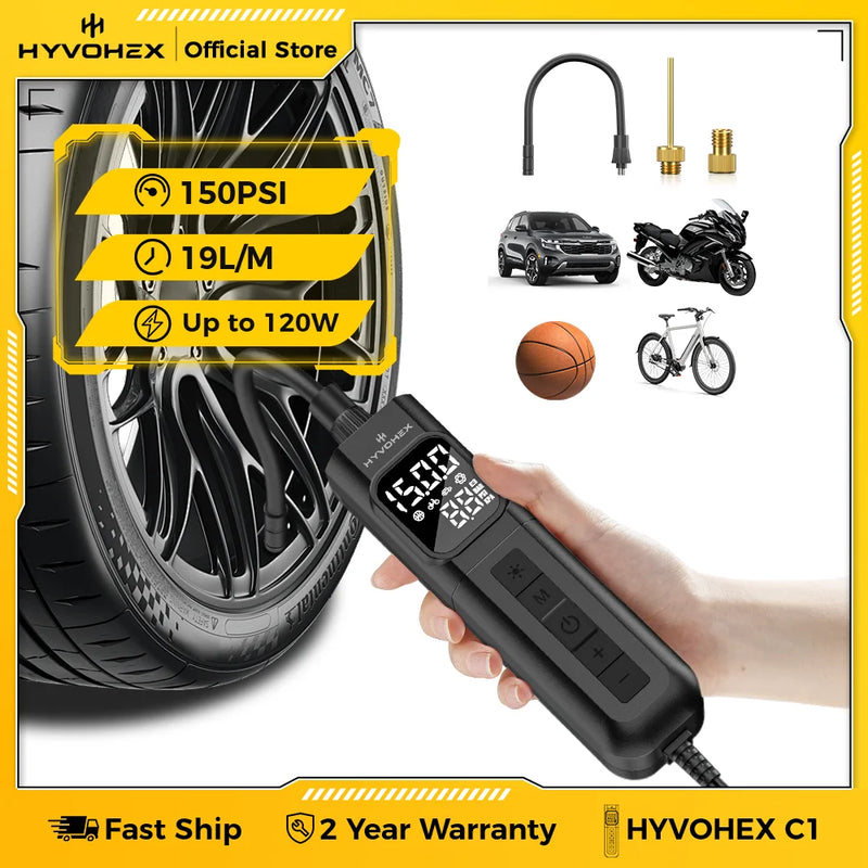 ម៉ាស៊ីនបង្ហាប់ខ្យល់ចល័ត HYVOHEX C1 មានខ្សែ 100% វដ្តការងារ បូមខ្យល់លឿនសម្រាប់កង់ឡាន ម៉ូតូ