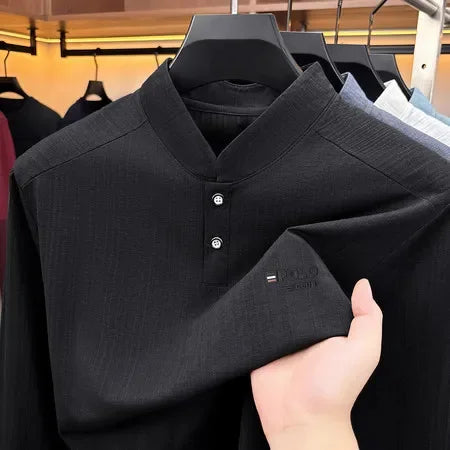 Breathable Vertical Texture Henley Pullover Men Long Sleeve Mandarin Collar Two Button Front Versatile Everyday Garment