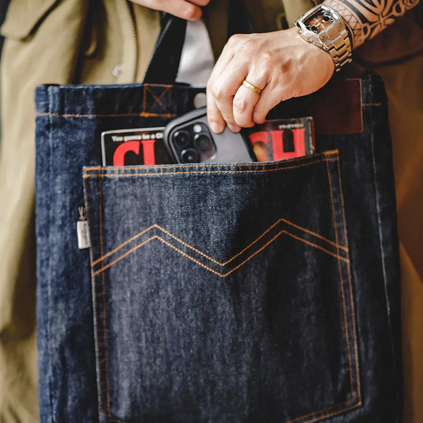 កាបូប Maden Retro Denim ទំហំ 14oz កាបូបស្ពាយស្មាតែមួយសម្រាប់បុរសនិងស្ត្រី ប៉ាក់ដោយដៃ កាបូប Tote រាងសំប៉ែត ងាយស្រួលកាន់ សម្រាប់ប្រើប្រាស់ប្រចាំថ្ងៃ
