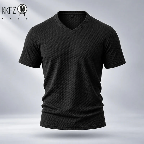 Waffle Textured Fabric Mens V Neck Short Sleeve Top Durable Stitching Soft Stretchy Design For Outdoor Daily Scenes