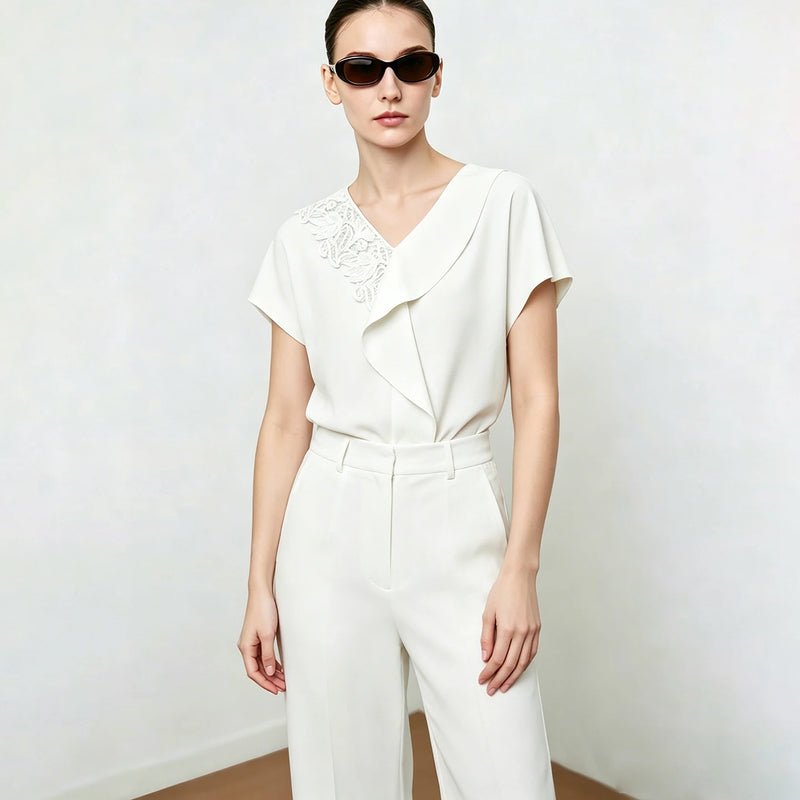 Amii V-Neck Women's Blouse 2026 Summer New Elegant Ruffle Chiffon Top Loose Fit Short Sleeve Office Shirt For Women 12622070