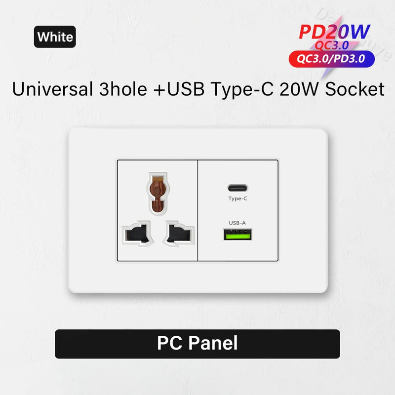 EU Korea Standard 4*2 Wall Light Switch Socket,USB Type-c 20W Fast Charger plug,1/2/3/4/Gang 2 Way Switch PC Panel Power ON OFF