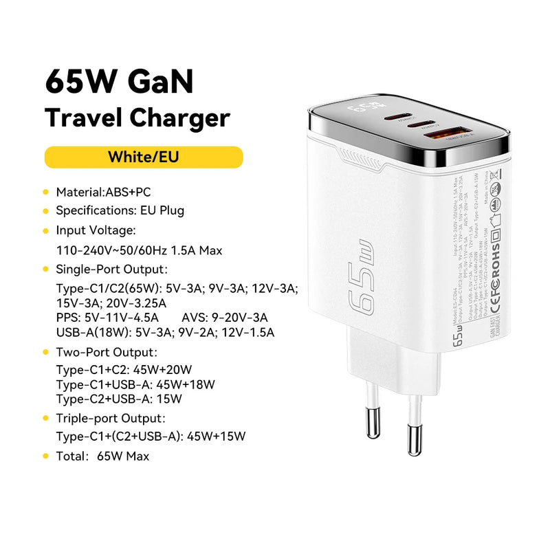 ឆ្នាំងសាក Essager 65W GaN USB Type C អេក្រង់ឌីជីថល QC 4.0 PD 3.2 PPS 45W សាកលឿនសម្រាប់ Samsung Huawei IPhone17 កុំព្យូទ័រយួរដៃ MacBook