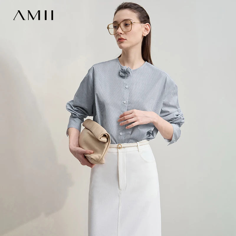 អាវ AMII សម្រាប់នារី រដូវស្លឹកឈើជ្រុះ ឆ្នាំ២០២៥ សម្លៀកបំពាក់ថ្មី ការតុបតែងបីវិមាត្រ កប្បាស អាវធំឆ្នូត អាវធំរលុង 12543171