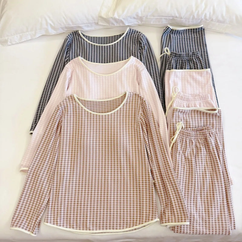 New Women's Pajamas Chest Pads Spring Autumn Sleepwear for Sleeping Pyjamas Long-Sleeve Top and Pants 2 Piece Loungewear Suit