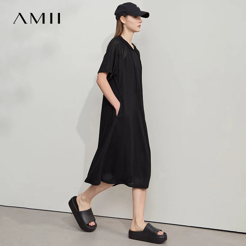 រ៉ូប Amii Minimalism សម្រាប់នារី រដូវក្តៅ ឆ្នាំ២០២៥ រ៉ូបការិយាល័យថ្មី ពណ៌សុទ្ធ ស្បៃក្រណាត់ ធម្មតា រលុង ស្រាល ស្រួលពាក់ 12542194