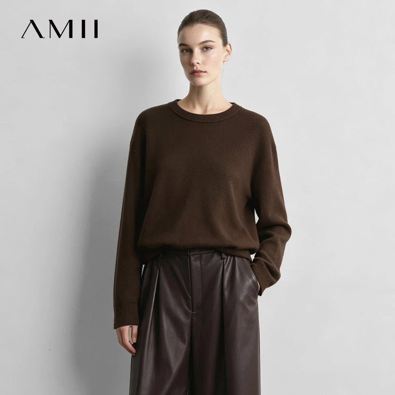 Amii Women Wool Sweater O Neck Drop Shoulder Long Sleeve Minimalist Versatile Commuter Knit Tops for Woman 2026 Autumn 12643121