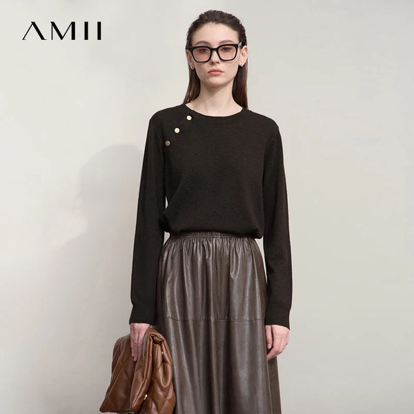 AMII Ladies Sweater 2026 Autumn New Solid Color Pullover Tops For Woman Long-sleeved O-neck Loose Casual Female Clothing12523096