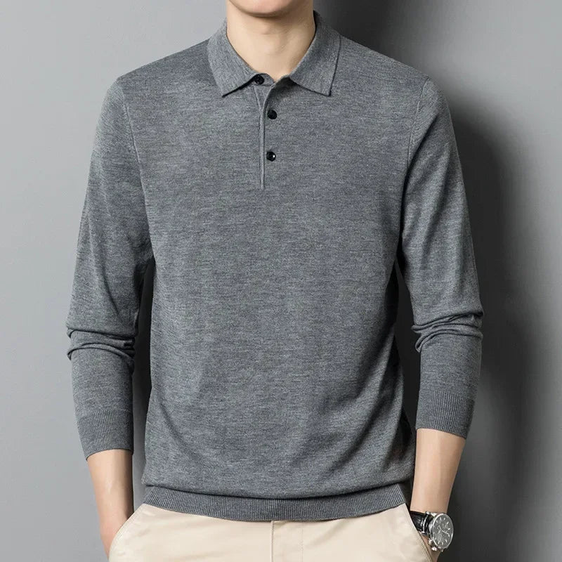 Men's Autumn Long-Sleeved Wool Blend Solid Color Polo Pullover Sweater with Lapel, Casual Bottoming Sweater -Sizes M-4XL