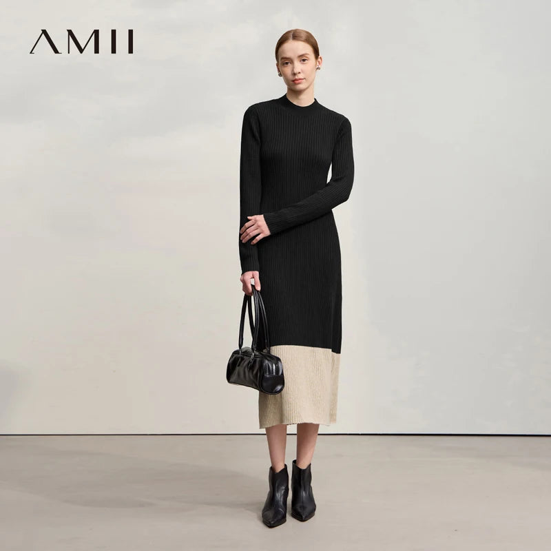 រ៉ូប Amii Womens រដូវរងាឆ្នាំ ២០២៥ រ៉ូបថ្មីឆើតឆាយបែបកអាវពាក់កណ្តាលអណ្តើក រ៉ូបស្លីមប៉ាក់ធម្មតាសម្រាប់ស្ត្រី ១២៥៤៤១៣៧