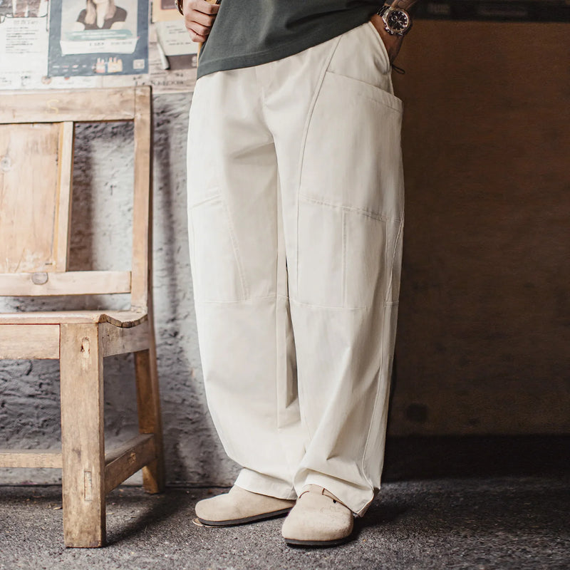 Maden Men‘s Vintage Patchwork Pants White Wide Leg Trousers Drawstring Elastic Waist Loose Fit Casual Pants for Spring Autumn