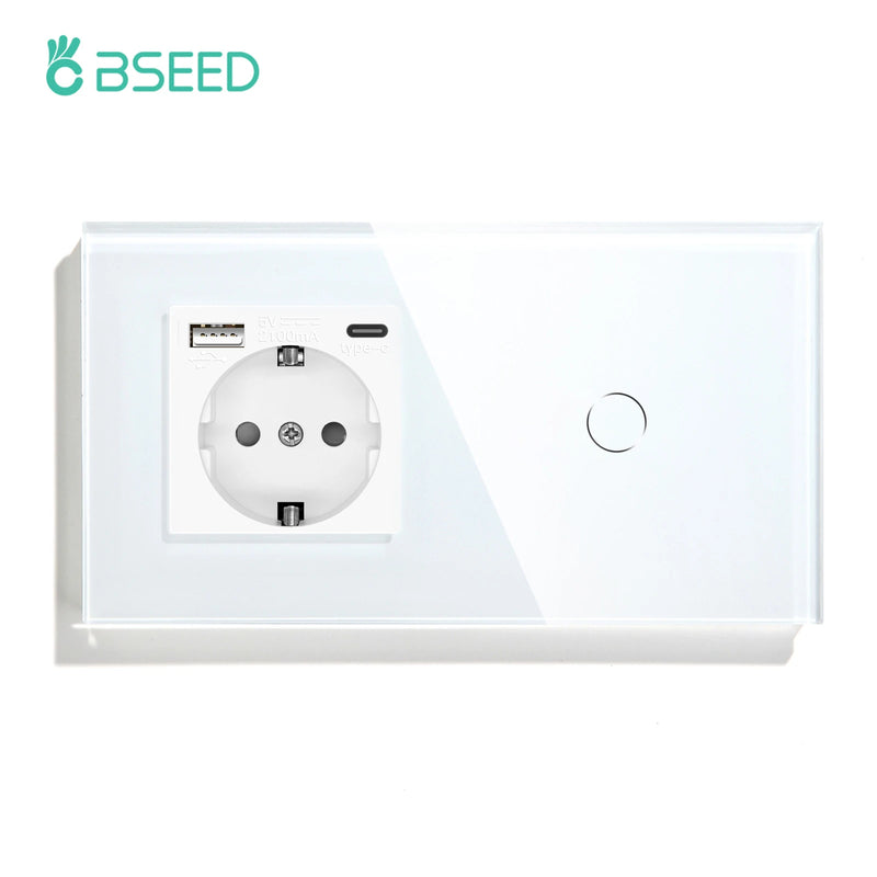 BSEED Wall Electrical Socket With 1/2/3Gang 1Way Touch Light Switch USB Type-c Charge Power Outlet Glass Panel White Wall Switch