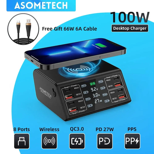 ឆ្នាំងសាកឥតខ្សែ 100W QC PD3.0 USB ឆ្នាំងសាកឥតខ្សែ សាកលឿន 8 រន្ធ ឆ្នាំងសាកលឿន សម្រាប់ iPhone 12 13 Xiaomi