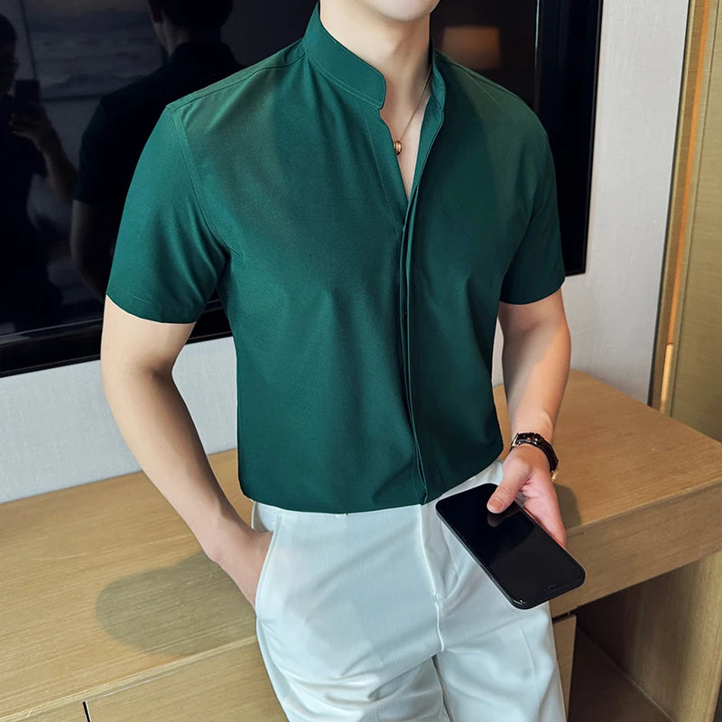 Stand Collar Short-Sleeved Shirt, Men's High-Grade White V-Collar Shirt, Drape Stretch Fashion V-neck Shirt, Business Office