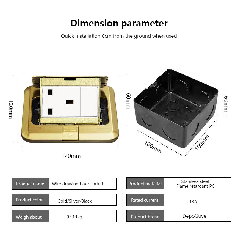 UK Standard 13A floor waterproof socket,British Kitchen Bedroom indoor Waterproof outlet hidden computer Stainless Steel plug