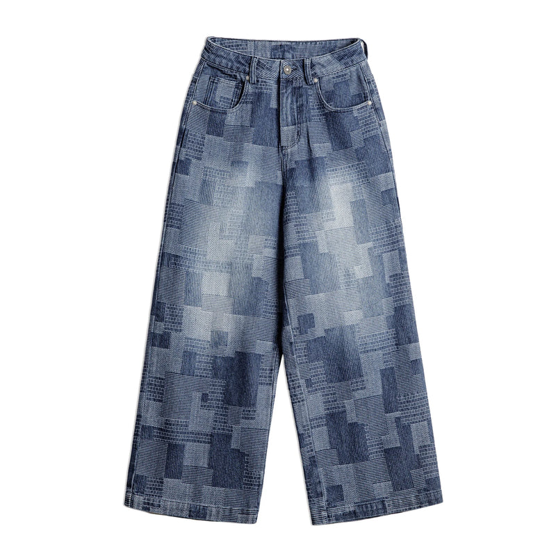 ខោខូវប៊យ Maden របស់បុរស Vintage Boro Jacquard Washed Denim Pants Baggy Harajuku Wide Leg Loose Patchwork Long Pants Casual Men Spring