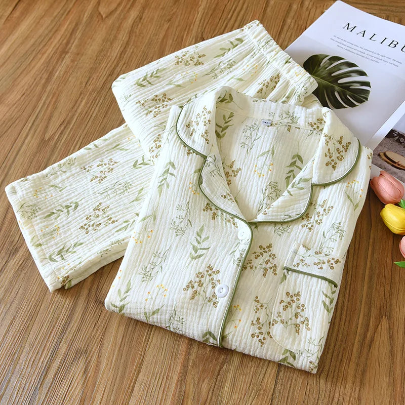 Nightwear 100% Cotton Women Pajama Printed Lapel Long Sleeve Trousers Sets Autumn Winter Home Wear Clothing Conjuntos De Pijama
