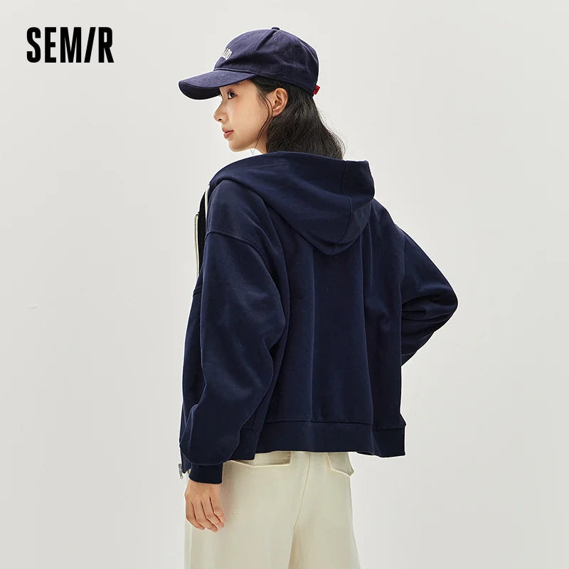 Semir Textured Jacket Women Spring Hooded Letter Embroidery Loose Drop Shoulder Split Design Preppy Style Casual Top