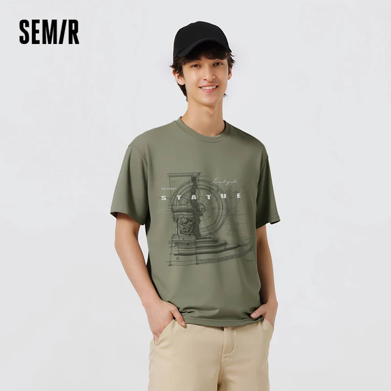 Semir Mens Tshirt 2026 Retro American Printed Knitted Slightly Loose Crew Neck Casual Fashion Soft