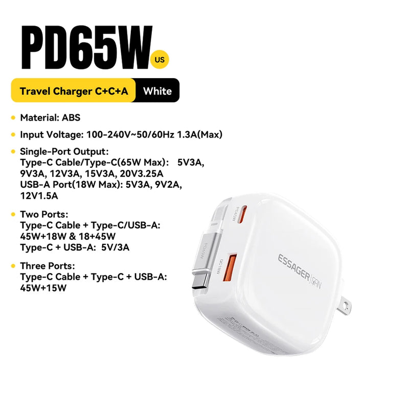 ឆ្នាំងសាក Essager 65W GaN Pro ជាមួយខ្សែប្រភេទ C ដែលអាចដកថយបាន 3 ក្នុង 1 ឆ្នាំងសាកធ្វើដំណើរលឿនសម្រាប់ iPhone 17 16 Pro Samsung Laptop Macbook