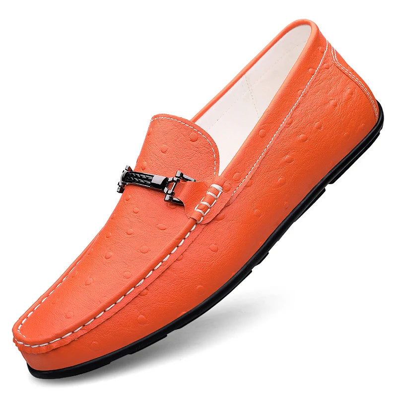 Men's Ostrich Embossed Loafers, PU Leather Slip On Driving Shoes with Metal Buckle, Orange/White/Black Casual Shoes