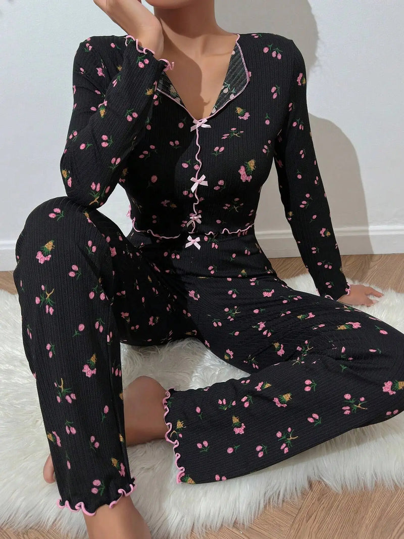 New Printed Floral Pajamas For Women Casual Long Sleeve Pant Sets Korean Spring Autumn Pyjama Suit Femme Pijamas De Mujer