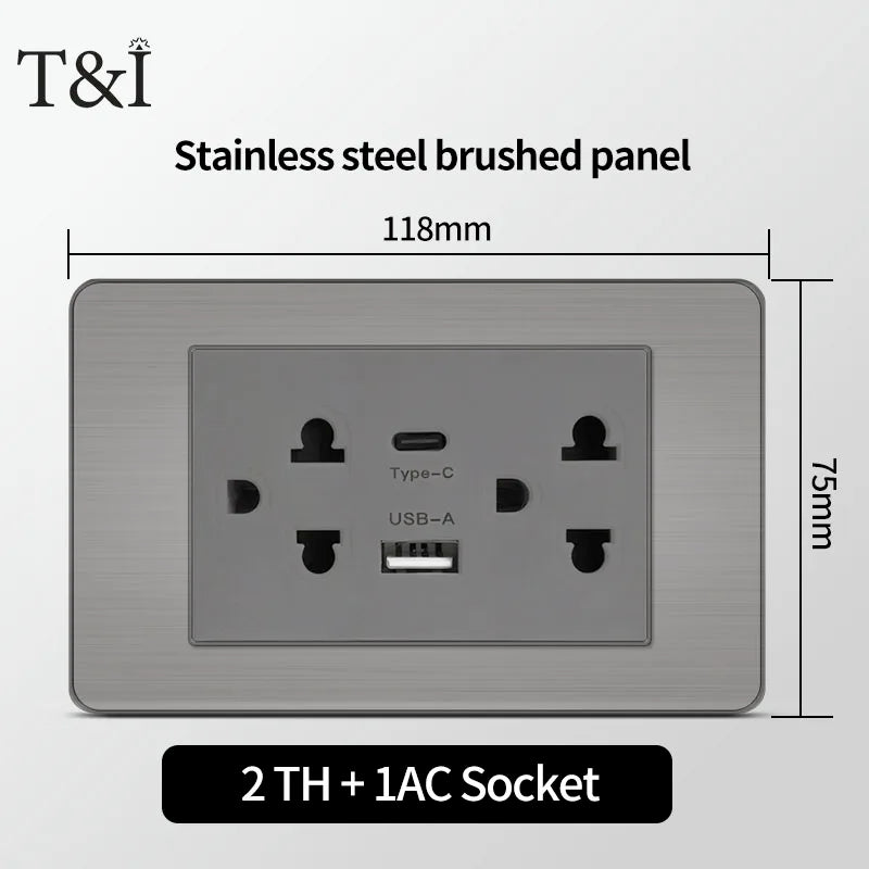 T&I 118 Premium Stainless Steel Brushed Wall Socket with USB Type - C, US Switch, Thai Plug for Home & Office Use