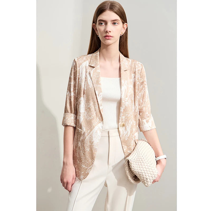 AmII Minimalism Silk Blazers 2026 Summer Notched Printed Basic Fashion Jacket Three Quarter Women Office Lady Blouse 12452146