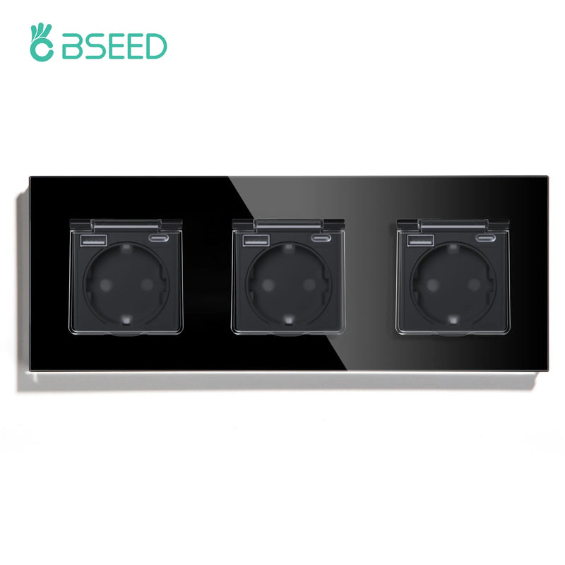 BSEED EU Standard Single Power Socket With Waterproof Cover Double USB Type-C Outlets Triple Plugs 16A Glass Panel 110-250V