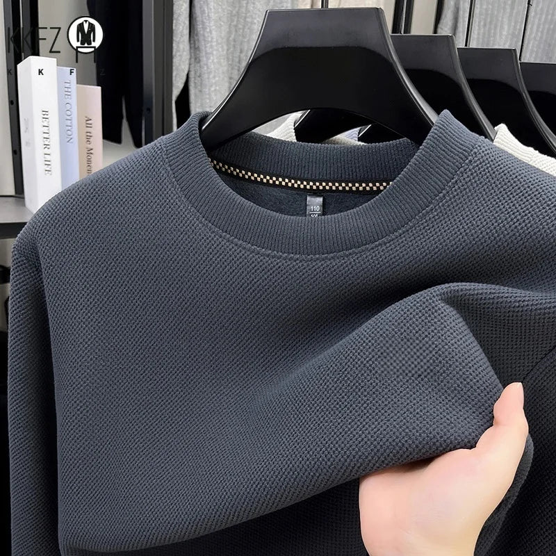 Men Thick Fleece Lined Waffle Knit Pullover Long Sleeve Crew Collar Relax Fit Warm Daily Office Wear Top