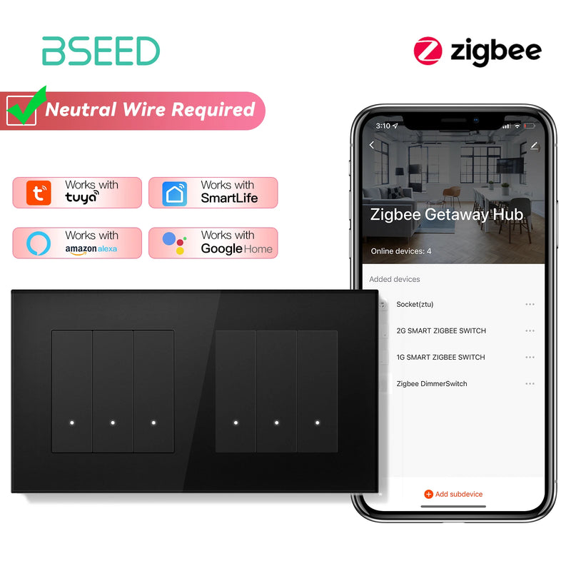 BSEED Zigbee Light Switch 1/2/3Gang 2Way Smart Click Button Switch Glass Panel White LED Indicator Tuya Smart Life Alexa Control