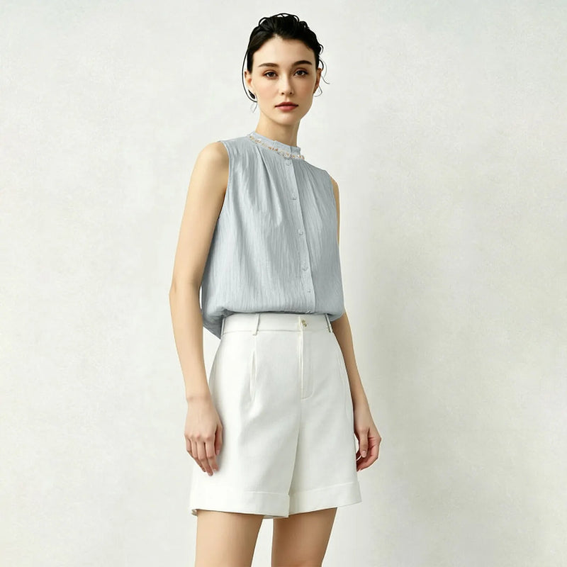 Amii Women's Shirt 2026 Summer Beaded Trim Acetate Sequin Ribbon Sleeveless Top Loose Elegant Office Women's Clothing 12622180