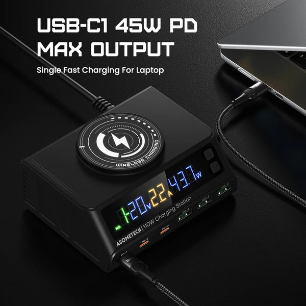 ឆ្នាំងសាកឥតខ្សែ 110W USB Multi Charger 6-Port Desktop PD QC 3.0 Type C Fast Charging Station សម្រាប់ iPhone Laptop Xiaomi Samsung