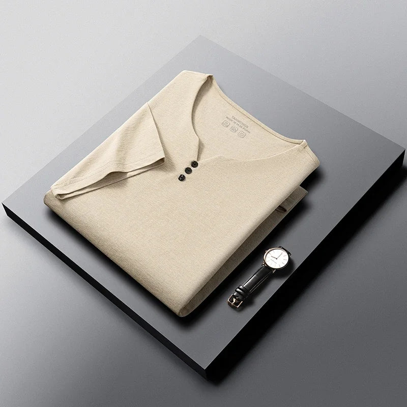 Mens Soft Breathable V Neck Tee With Henley Button Design Comfortable For All Seasons Daily And Casual Wear Activities