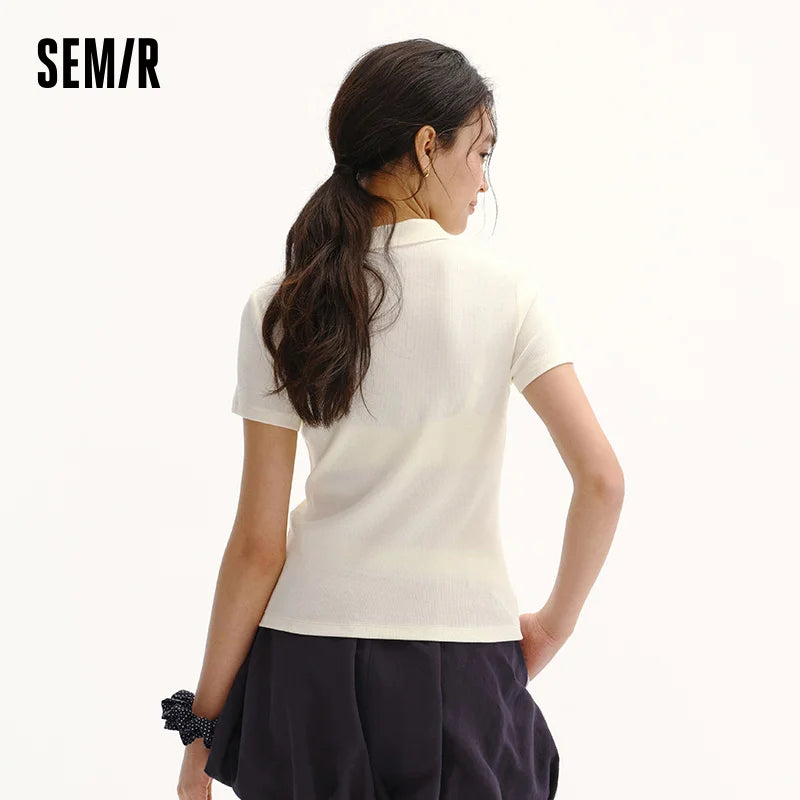 Semir Women Polo Shirt Puppy Embroidery Slim Straight Shoulder Summer 2026 Minimal Cardigan Style Casual Fashion Top
